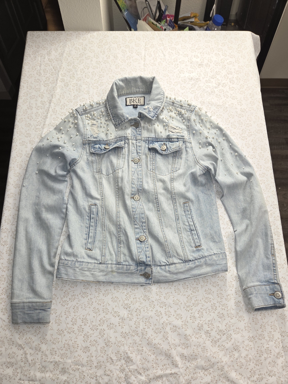 BKE Light Blue Pearl-Studded Denim Jacket